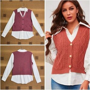 Sioni Milano Twofer Sweater Tunic Knit Pink Vest White Blouse Size S